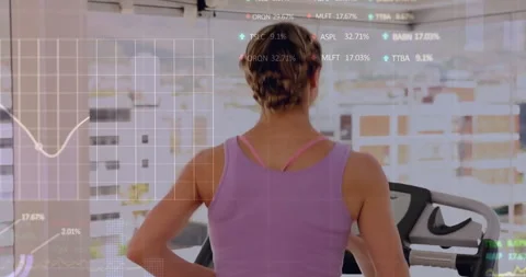 Animation of financial data processing over caucasian woman exercising in gym Stock Footage 309975077
