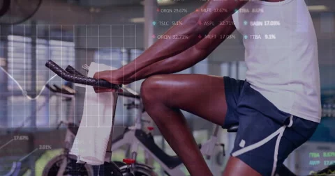 Animation of financial data processing over african ameican man exercising in Stock Footage 309975097