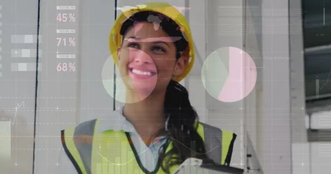 Animation of financial data processing over female architect using tablet in Stock Footage 310033084