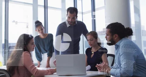 Animation of financial data processing over diverse business people in office Stock Footage 310221289