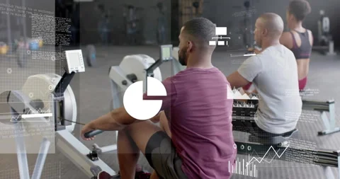 Animation of financial data processing over diverse people using indoor rower on Stock Footage 310406913