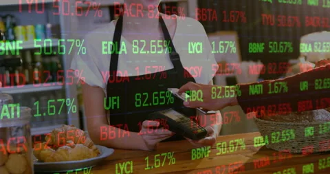 Animation of financial data processing over diverse people paying with Stock Footage 310408381