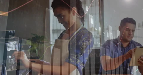 Animation of financial data processing over female barista making coffee Stock Footage 310408402