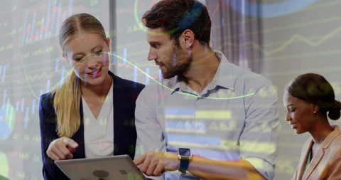 Animation of financial data processing over diverse business people in office Stock Footage 310487766