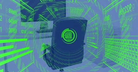 Animation of financial data processing over computer on desk in office and blue Stock Footage 310589973