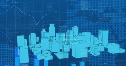 Animation of financial data processing over 3d city and world map Stock Footage 310978290