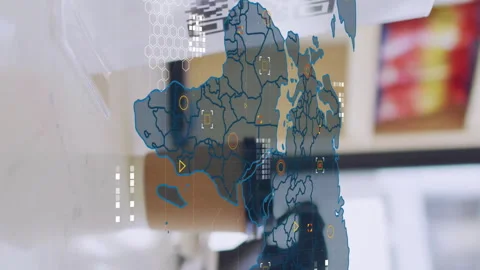 Animation of financial data processing over man scanning qr code in coffee shop Stock Footage 312355089