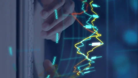 Animation of financial data processing over man using computer 動画素材 312364593