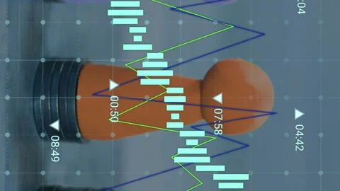 Animation of financial data processing over three pawns and stacks of coins Stock Footage 312386159