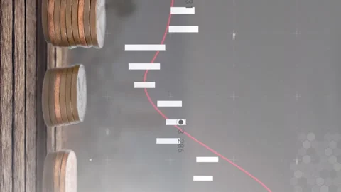Animation of financial data processing over stacks of coins Stock Footage 312386168