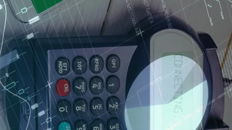 Animation of financial data processing over payment terminal and smartphone Stock Footage 312409342