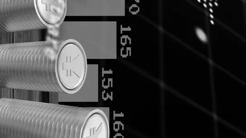 Animation of financial data processing over stacks of silver yen coins Stock Footage 312421649