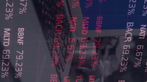 Animation of financial data processing over laptop and payment terminal Stock Footage 312442194