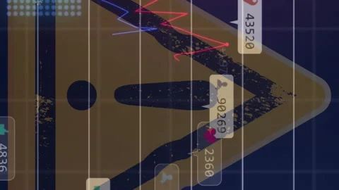Animation of financial data processing over exclamation mark on yellow triangle Stock Footage 312470894