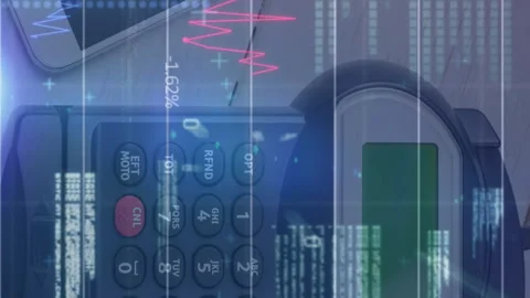 Animation of financial data processing over payment terminal and smartphone Stock Footage 312486339