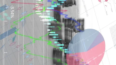 Animation of financial data processing over stacks of coins Stock Footage 312487723