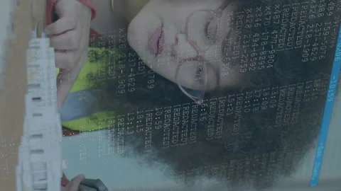 Animation of financial data processing over woman checking 3d model in office Stock Footage 312504959