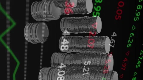 Animation of financial data processing over stacks of coins Stock Footage 312521252