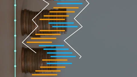 Animation of financial data processing over stacks of coins Stock Footage 312532950