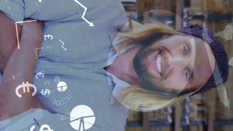 Animation of financial data processing over caucasian man in coffee shop Stock Footage 312620615