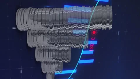 Animation of financial data processing over stacks of coins Stock Footage 312661850