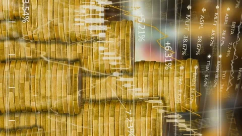 Animation of financial data processing over stacks of gold coins Stock Footage 312661855