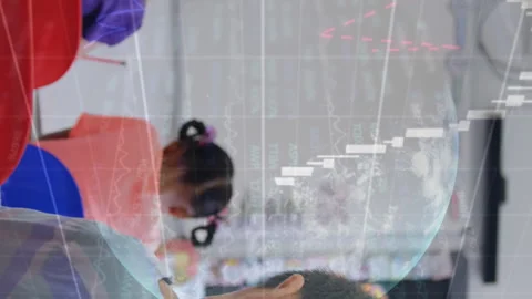 Animation of financial data processing over diverse schoolchildren in class Stock Footage 312797642