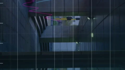 Animation of financial data processing over modern building and fast road Stock Footage 313295561