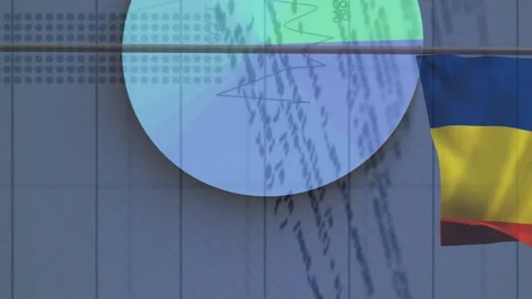 Animation of financial data processing over moving cogs Stock Footage 313308527