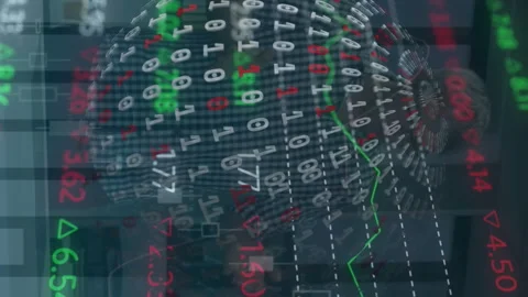 Animation of financial data processing over globe with binary coding Stock Footage 313378228