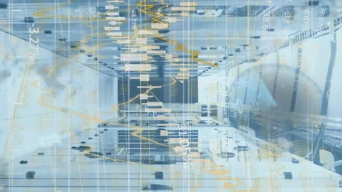 Animation of financial data processing over microprocessor connections against Vídeo Stock 314122685