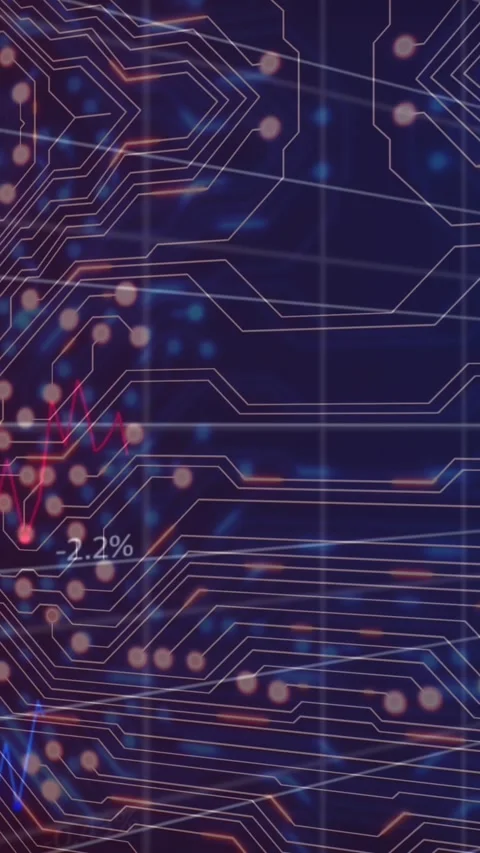 Animation of financial data processing over computer circuit board on black Stock Footage 319134523