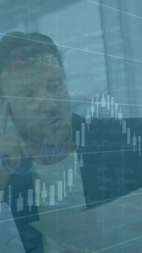 Animation of financial data processing over diverse man and woman discussing Stock Footage 319975077