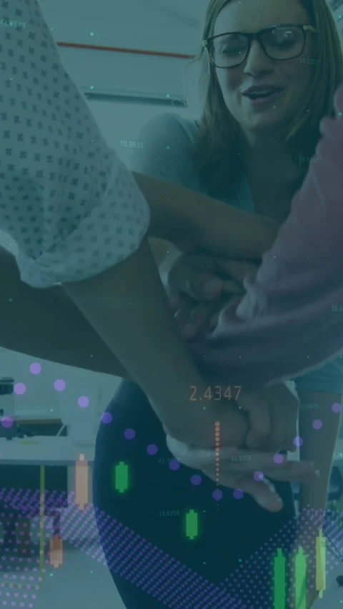 Animation of financial data processing over office colleagues stacking hands Stock Footage 320158860