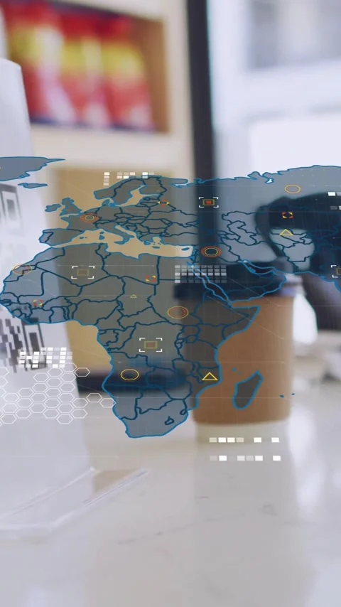 Animation of financial data processing over man scanning qr code in coffee shop Stock Footage 320512709