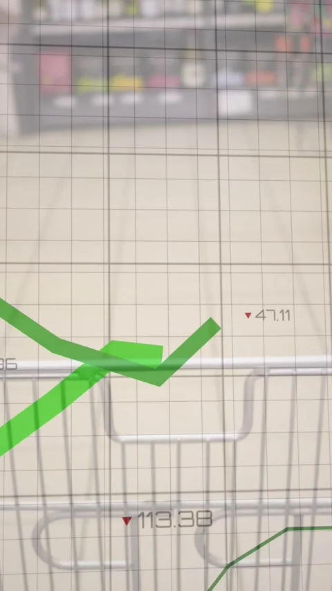 Animation of financial data processing over shopping trolley in shop Stockbeeldmateriaal 321216185