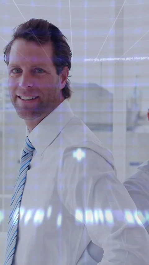 Animation of financial data processing over diverse business people at office Видео 321625159