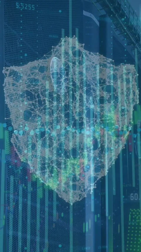 Animation of financial data processing over security shield icon against Vídeos de archivo 321625587