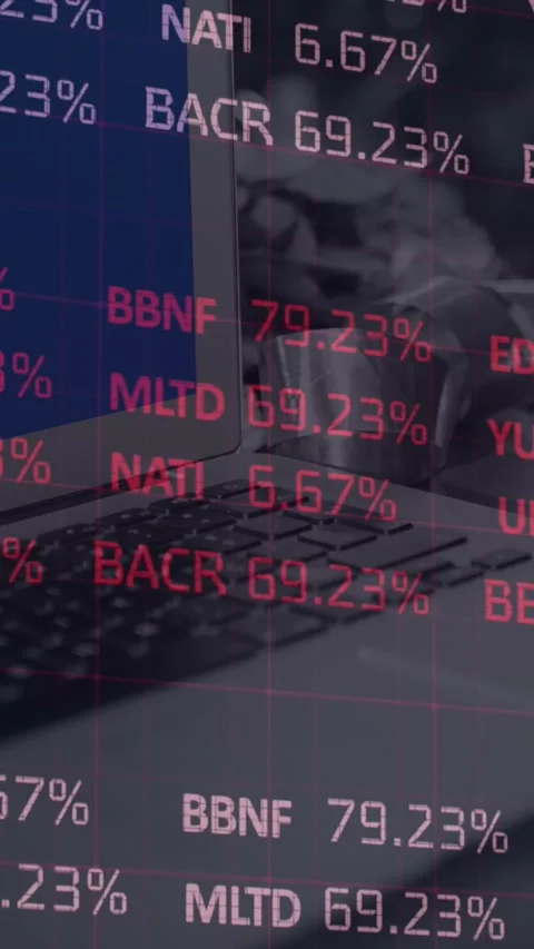 Animation of financial data processing over laptop and payment terminal Stock Footage 321625775