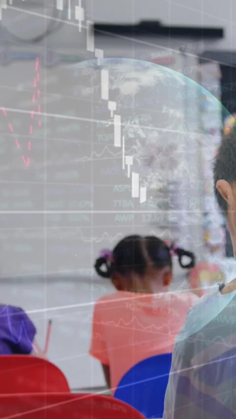 Animation of financial data processing over diverse schoolchildren in class Stock Footage 321667152