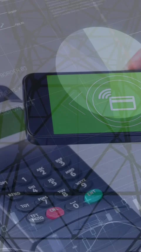 Animation of financial data processing over smartphone and payment terminal Stock Footage 322084210