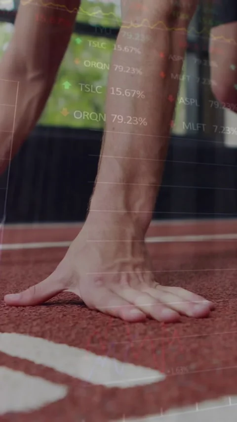 Animation of financial data processing over exercising caucasian man Stock Footage 323151401