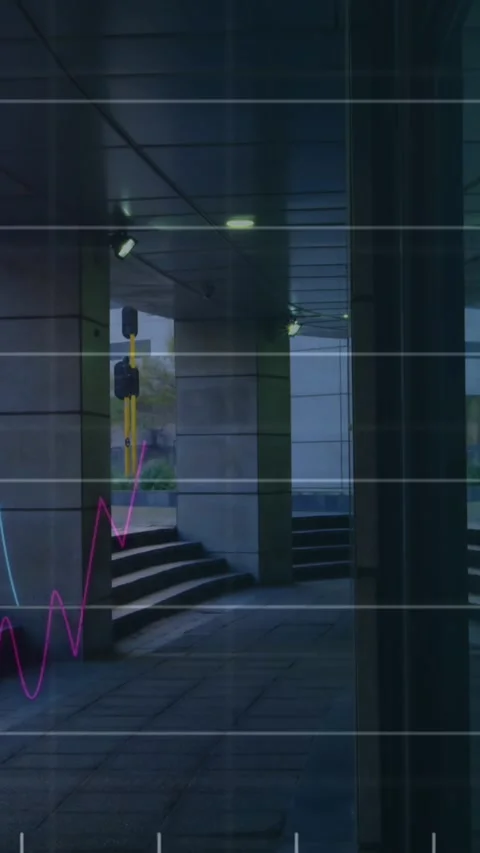 Animation of financial data processing over modern building and fast road Stock Footage 323152139