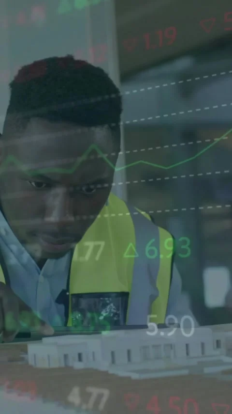 Animation of financial data processing over african american male architect in Stock Footage 323420243