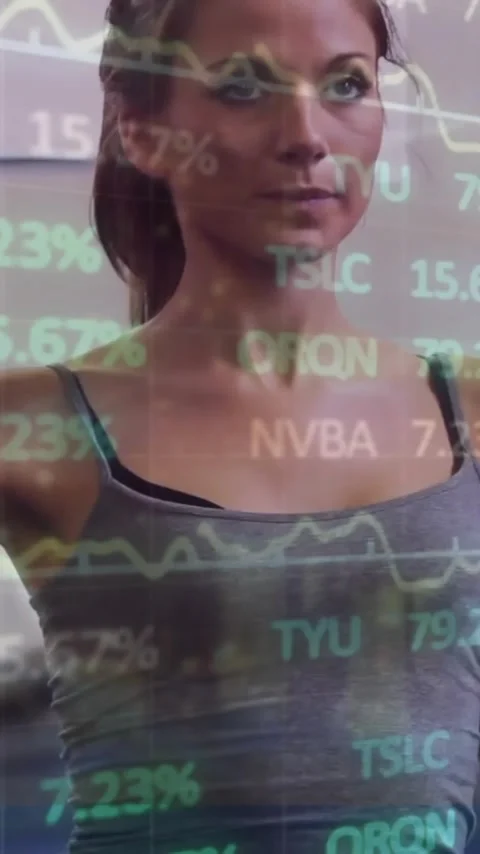 Animation of financial data processing over caucasian woman exercising in gym Stock Footage 323488521