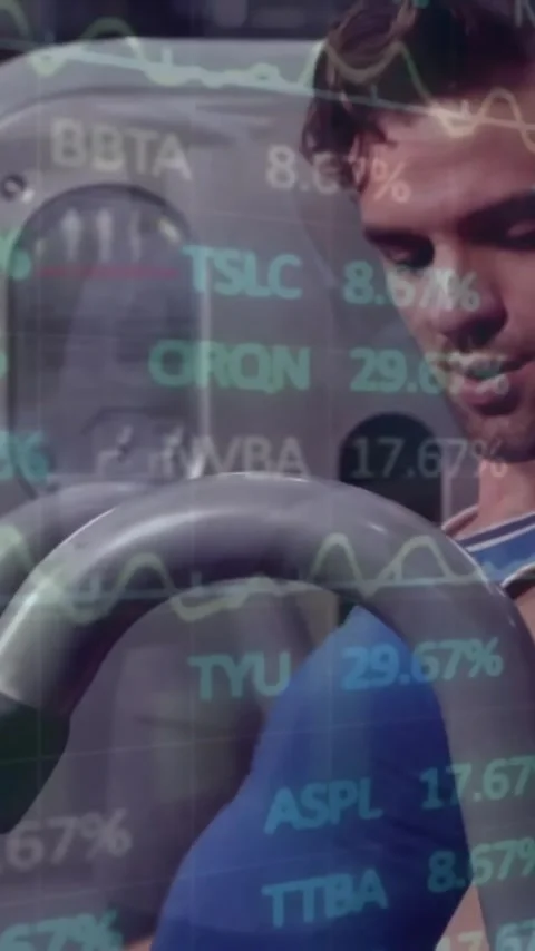 Animation of financial data processing over caucasian man exercising in gym Stock Footage 323488523