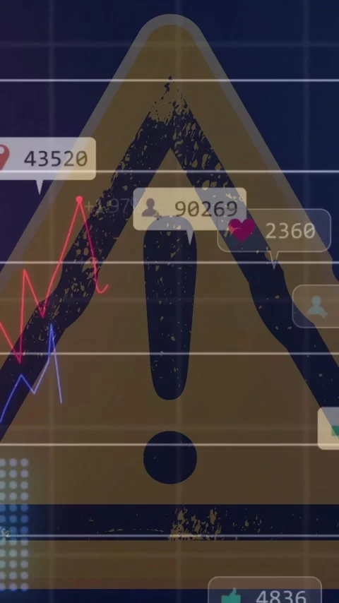 Animation of financial data processing over exclamation mark on yellow triangle Stock Footage 323781727
