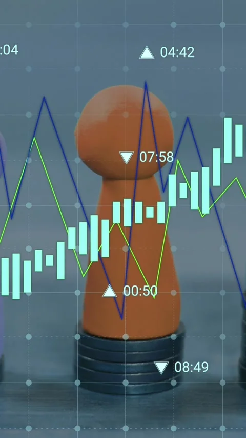 Animation of financial data processing over three pawns and stacks of coins Stock Footage 323783873