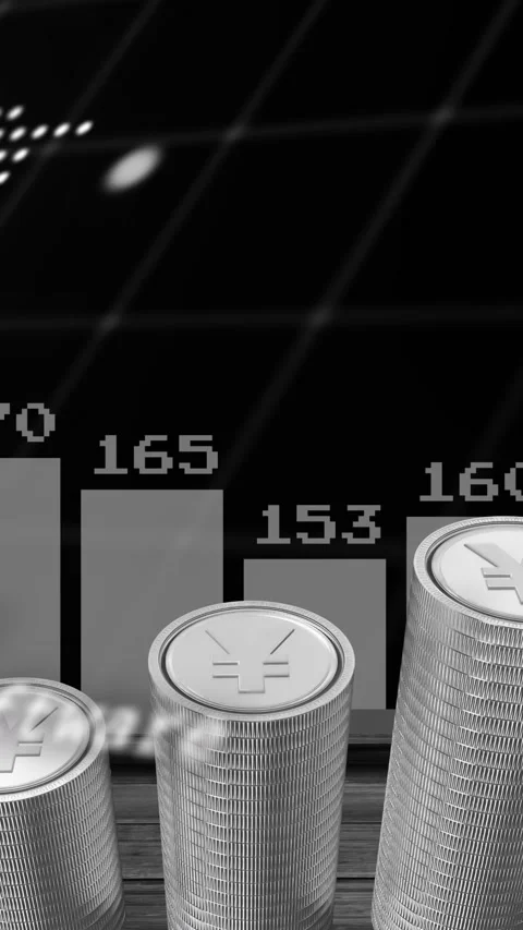 Animation of financial data processing over stacks of silver yen coins Stock Footage 323783874