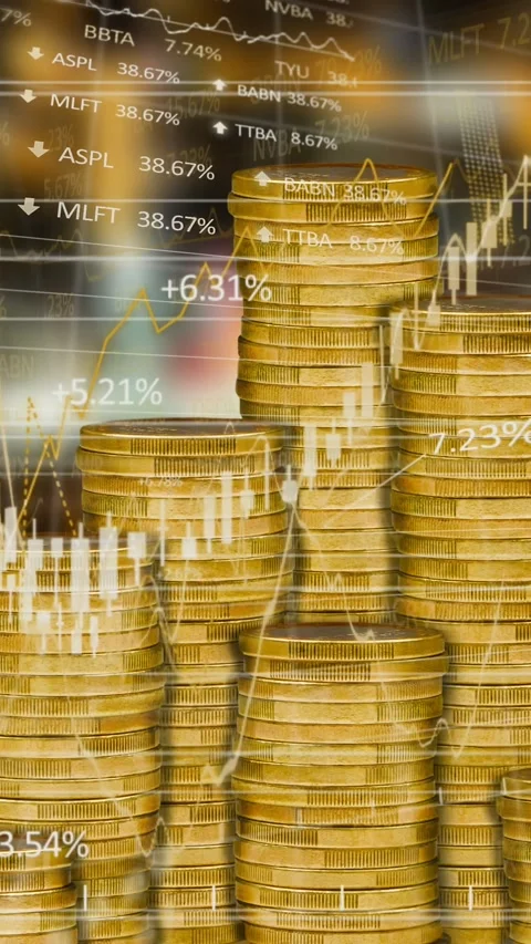 Animation of financial data processing over stacks of gold coins Stock Footage 323783876